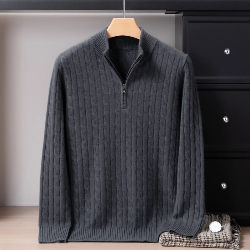 Men's Quarter-Zip Cable-Knit Cashmere Turtleneck Pullover Mock Neck Polo Sweater