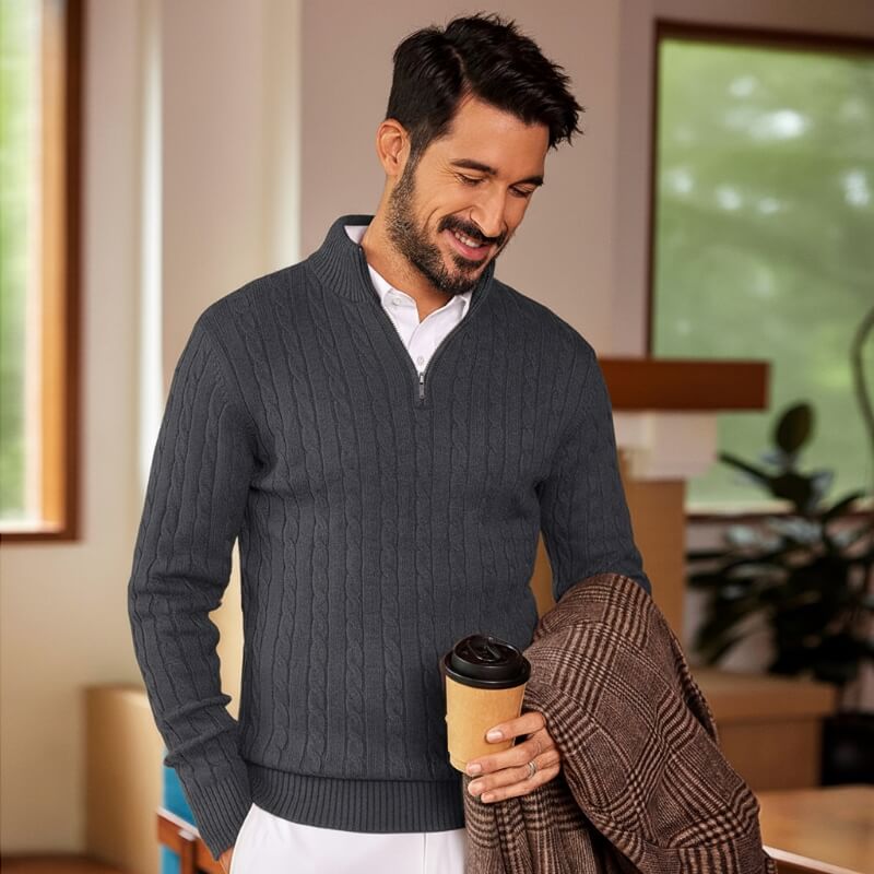 Men's Quarter-Zip Cable-Knit Cashmere Turtleneck Pullover Mock Neck Polo Sweater