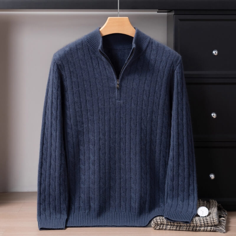 Men's Quarter-Zip Cable-Knit Cashmere Turtleneck Pullover Mock Neck Polo Sweater