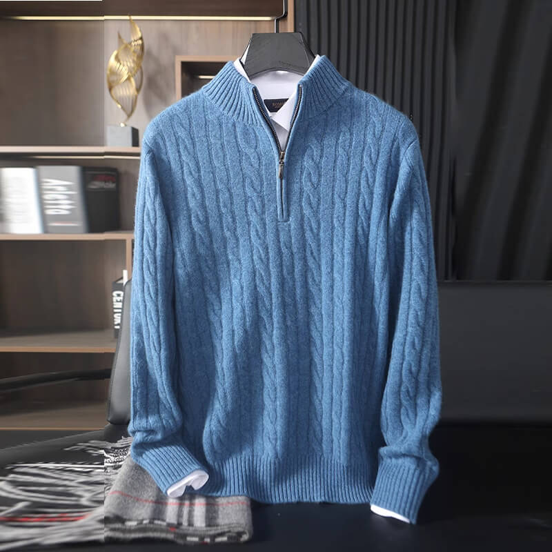 Men's Quarter-Zip Cable-Knit Cashmere Turtleneck Pullover Mock Neck Polo Sweater