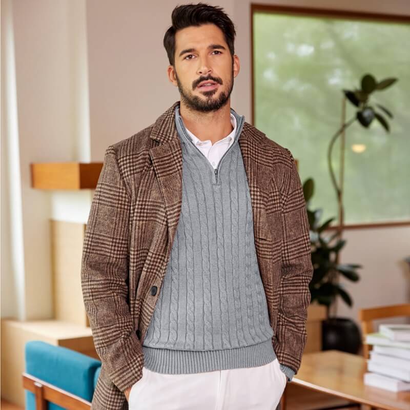 Men's Quarter-Zip Cable-Knit Cashmere Turtleneck Pullover Mock Neck Polo Sweater