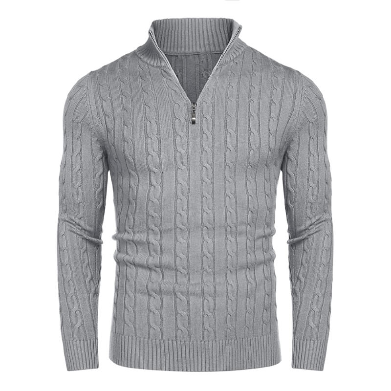 Men's Quarter-Zip Cable-Knit Cashmere Turtleneck Pullover Mock Neck Polo Sweater