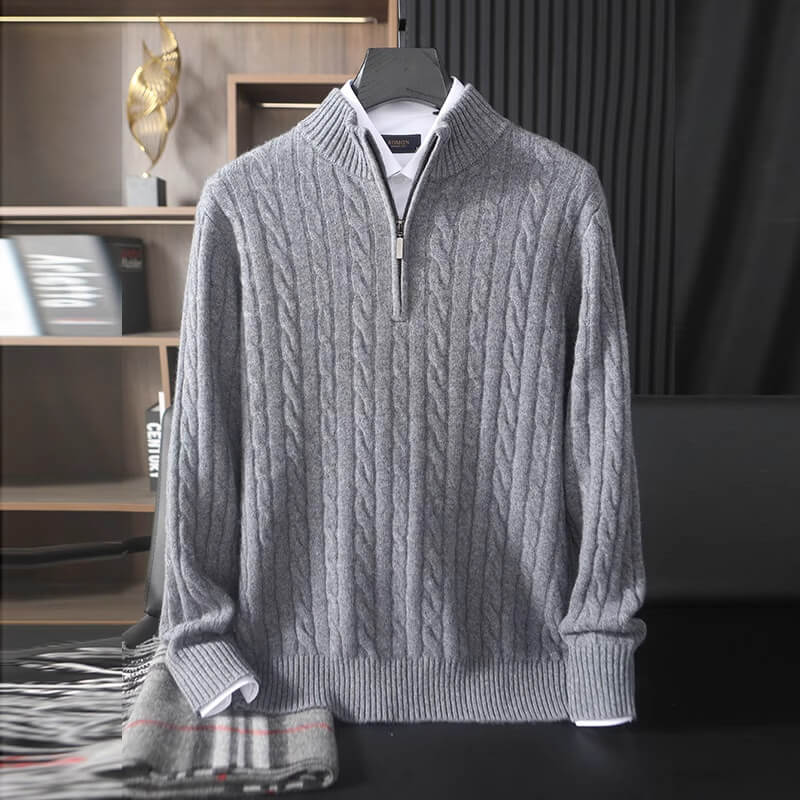 Men's Quarter-Zip Cable-Knit Cashmere Turtleneck Pullover Mock Neck Polo Sweater