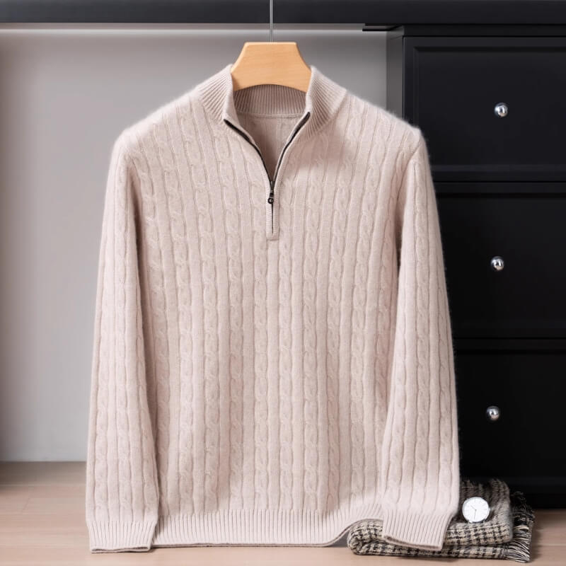 Men's Quarter-Zip Cable-Knit Cashmere Turtleneck Pullover Mock Neck Polo Sweater
