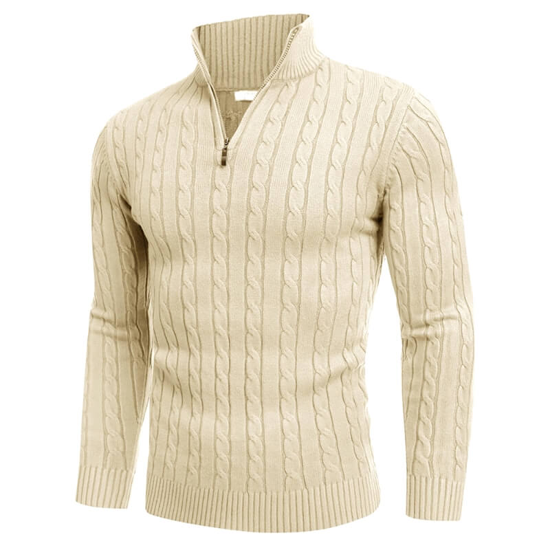 Men's Quarter-Zip Cable-Knit Cashmere Turtleneck Pullover Mock Neck Polo Sweater