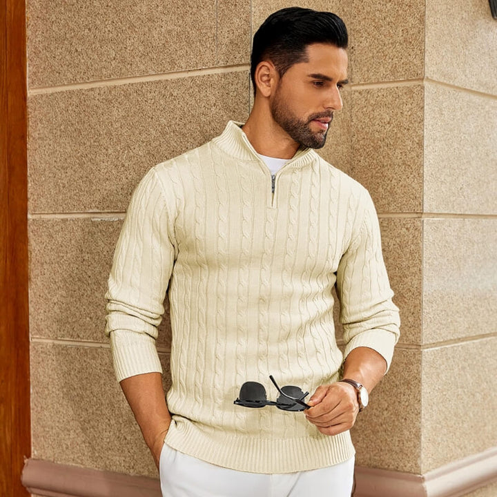 Men's Quarter-Zip Cable-Knit Cashmere Turtleneck Pullover Mock Neck Polo Sweater