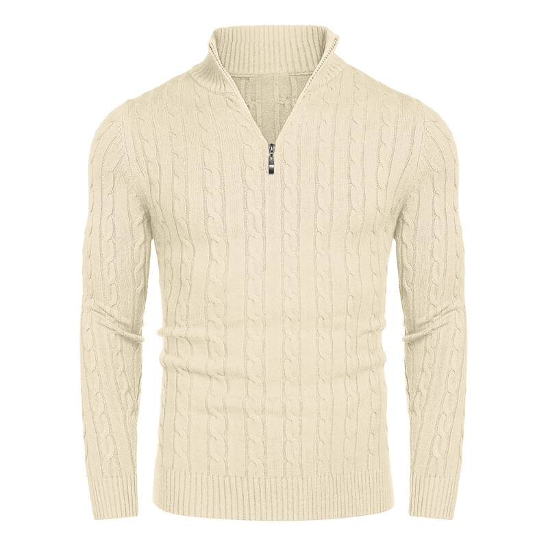 Men's Quarter-Zip Cable-Knit Cashmere Turtleneck Pullover Mock Neck Polo Sweater