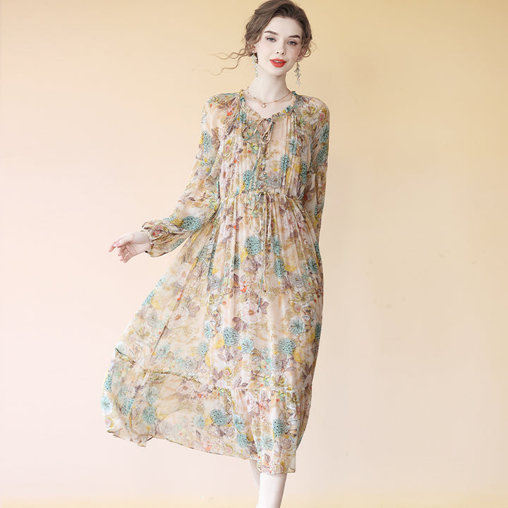 Milk Tea Color Floral Long Sleeve Pleated Mulberry Silk Dress SD080