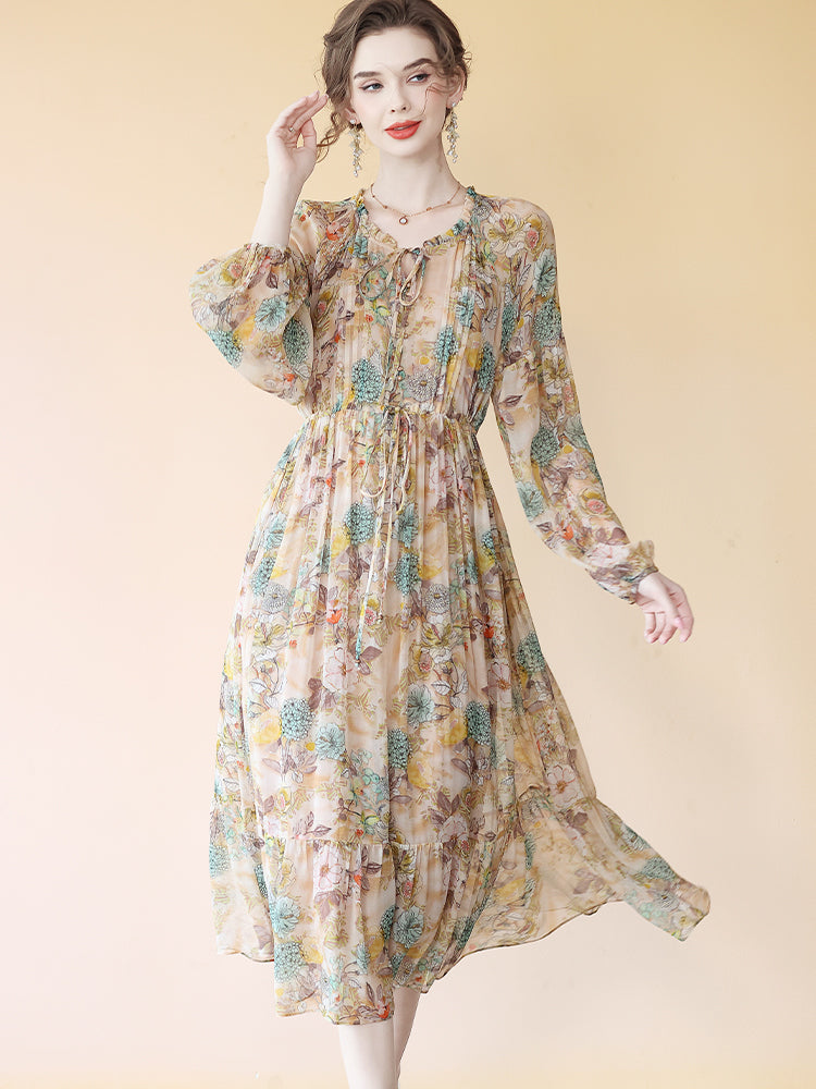 Milk Tea Color Floral Long Sleeve Pleated Mulberry Silk Dress SD080