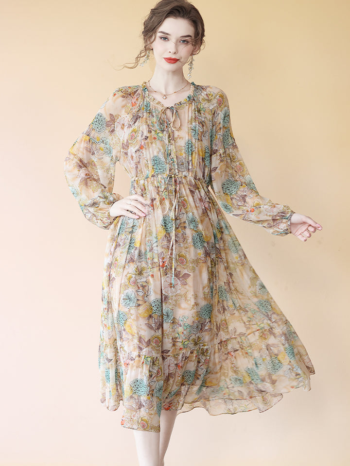 Milk Tea Color Floral Long Sleeve Pleated Mulberry Silk Dress SD080
