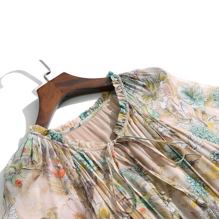 Milk Tea Color Floral Long Sleeve Pleated Mulberry Silk Dress SD080