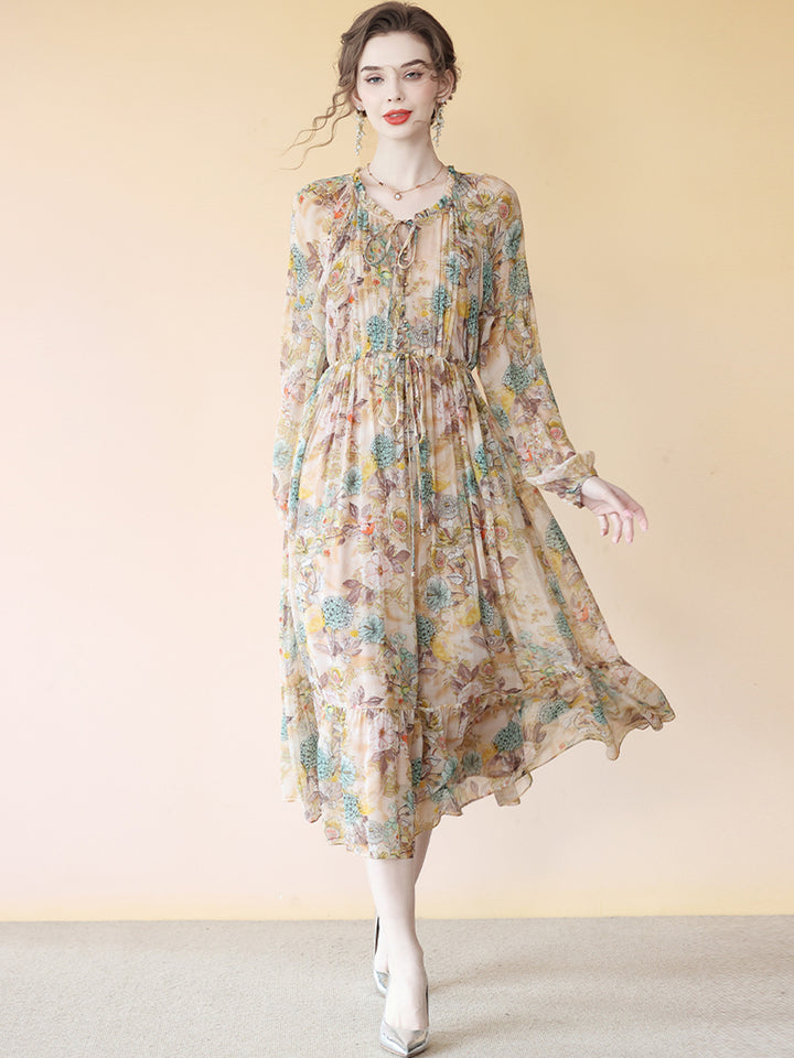 Milk Tea Color Floral Long Sleeve Pleated Mulberry Silk Dress SD080