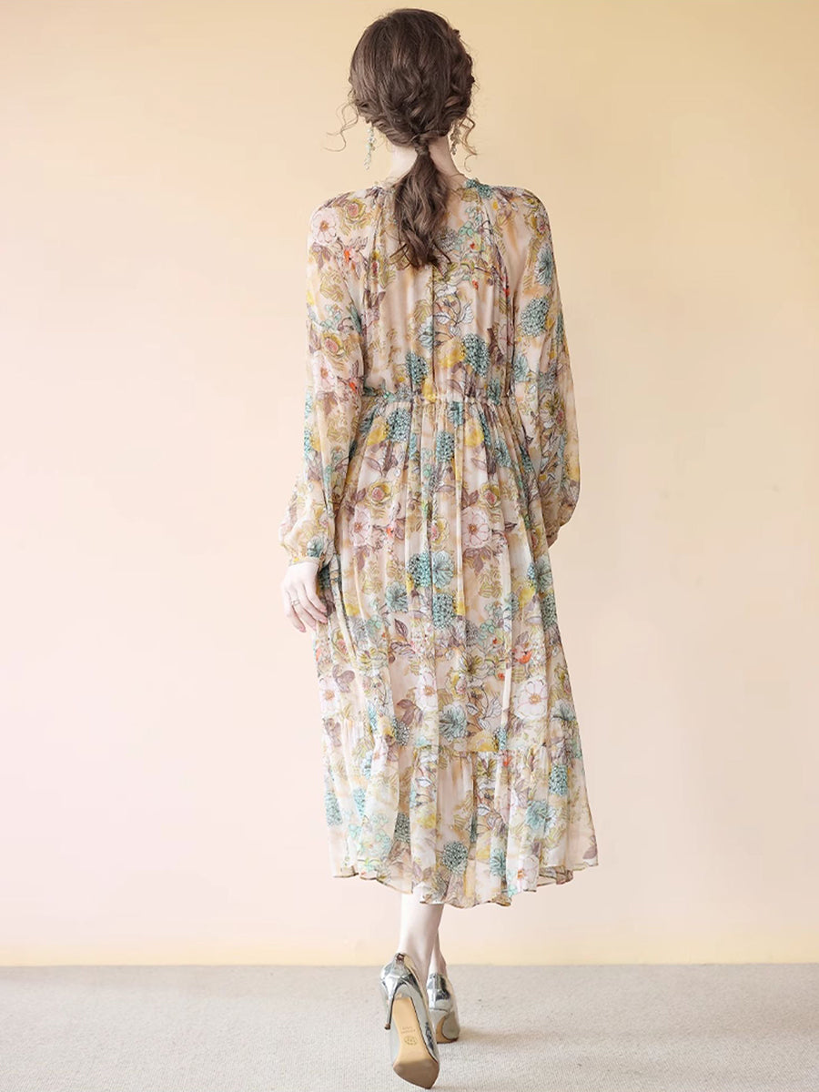 Milk Tea Color Floral Long Sleeve Pleated Mulberry Silk Dress SD080