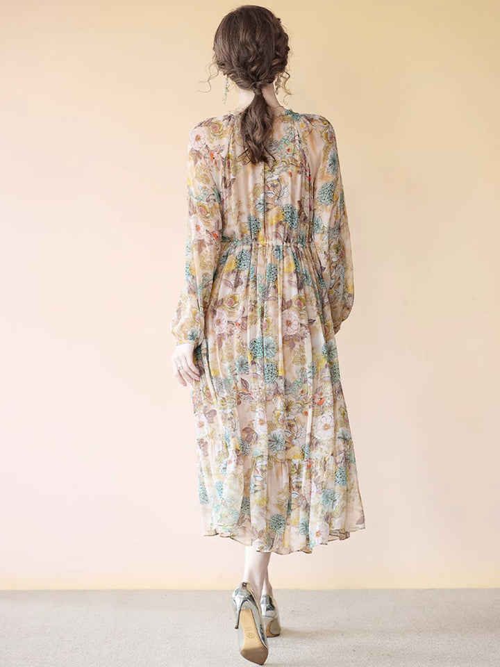 Milk Tea Color Floral Long Sleeve Pleated Mulberry Silk Dress SD080