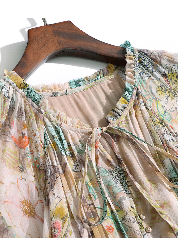 Milk Tea Color Floral Long Sleeve Pleated Mulberry Silk Dress SD080