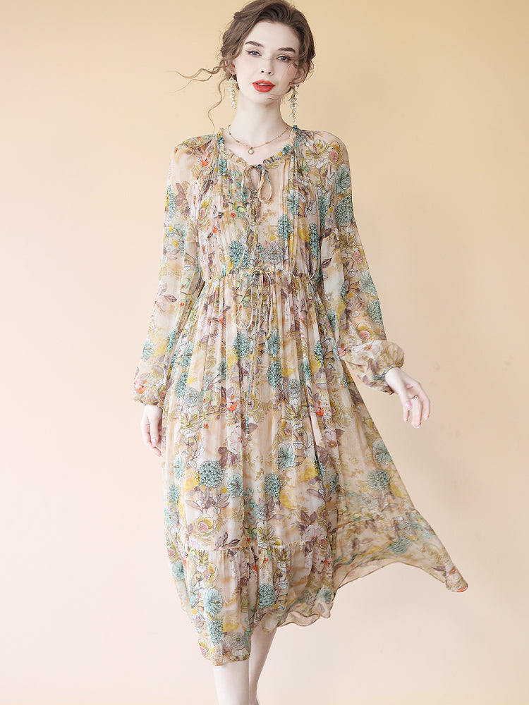 Milk Tea Color Floral Long Sleeve Pleated Mulberry Silk Dress SD080