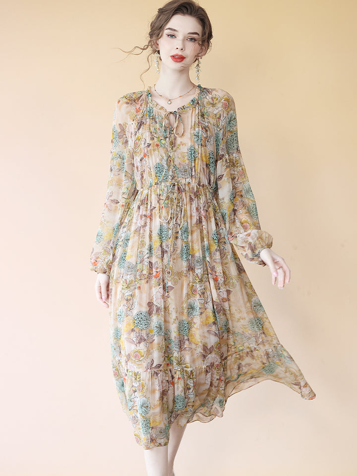 Milk Tea Color Floral Long Sleeve Pleated Mulberry Silk Dress SD080
