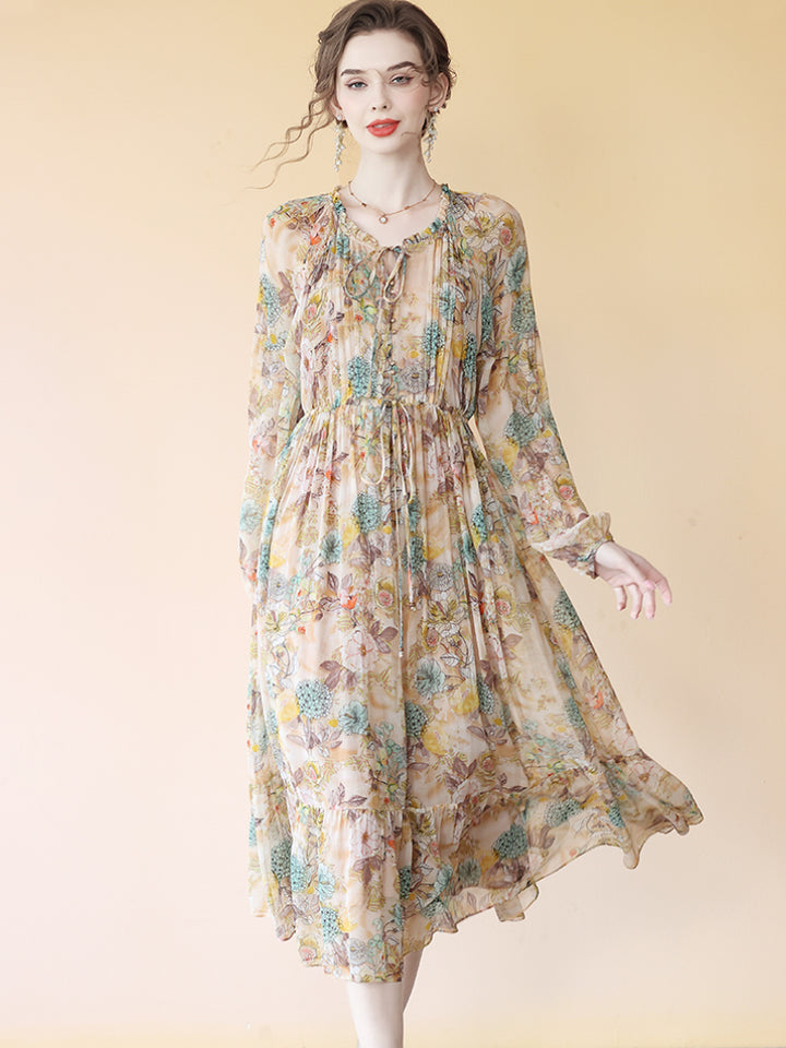 Milk Tea Color Floral Long Sleeve Pleated Mulberry Silk Dress SD080