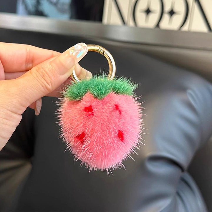 Mini Cute Real Mink Fur Strawberry Keychain Plush Pom-Pom Backpack Charm