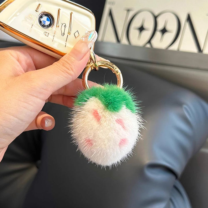 Mini Cute Real Mink Fur Strawberry Keychain Plush Pom-Pom Backpack Charm