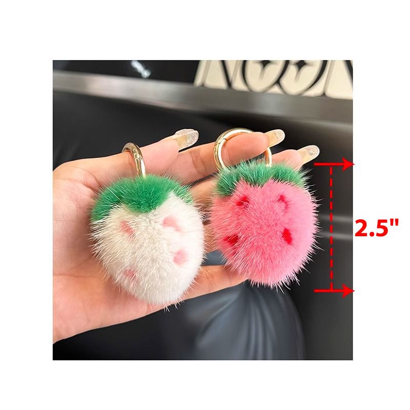 Mini Cute Real Mink Fur Strawberry Keychain Plush Pom-Pom Backpack Charm
