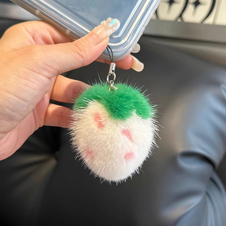 Mini Cute Real Mink Fur Strawberry Keychain Plush Pom-Pom Backpack Charm
