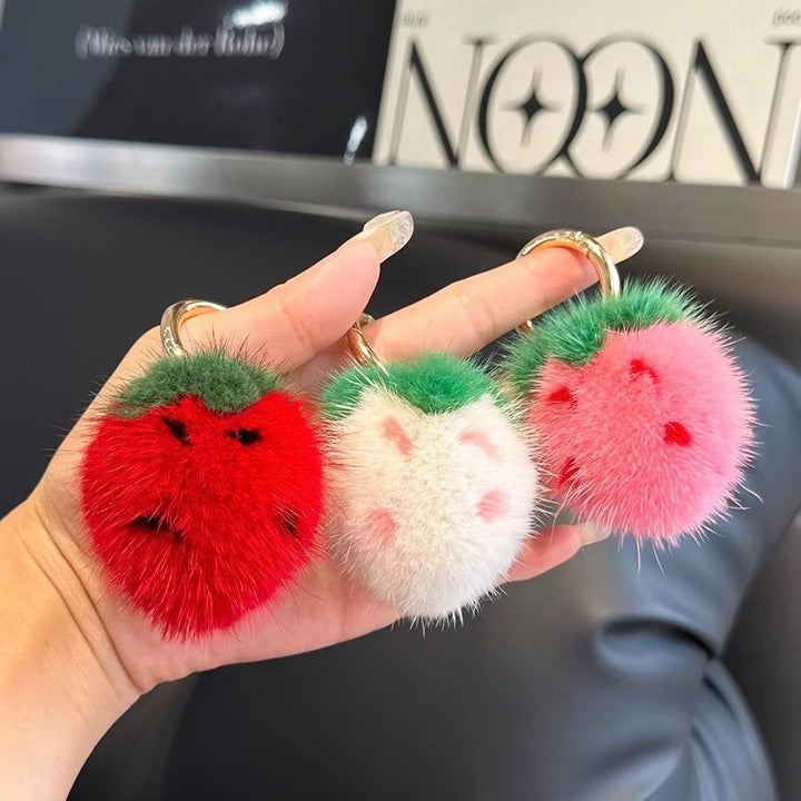 Mini Cute Real Mink Fur Strawberry Keychain Plush Pom-Pom Backpack Charm