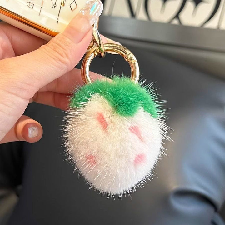 Mini Cute Real Mink Fur Strawberry Keychain Plush Pom-Pom Backpack Charm