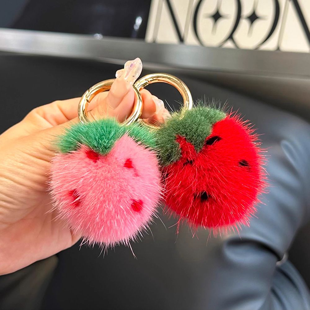 Mini Cute Real Mink Fur Strawberry Keychain Plush Pom-Pom Backpack Charm