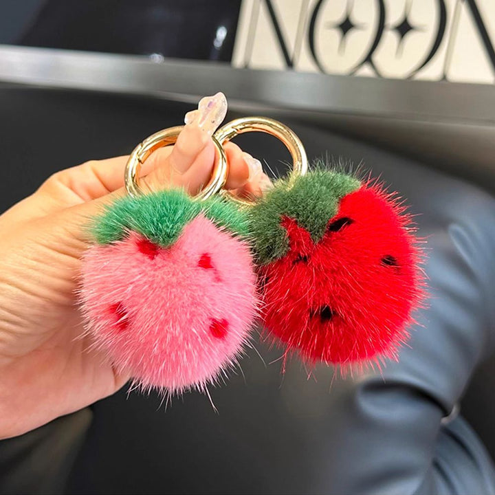 Mini Cute Real Mink Fur Strawberry Keychain Plush Pom-Pom Backpack Charm