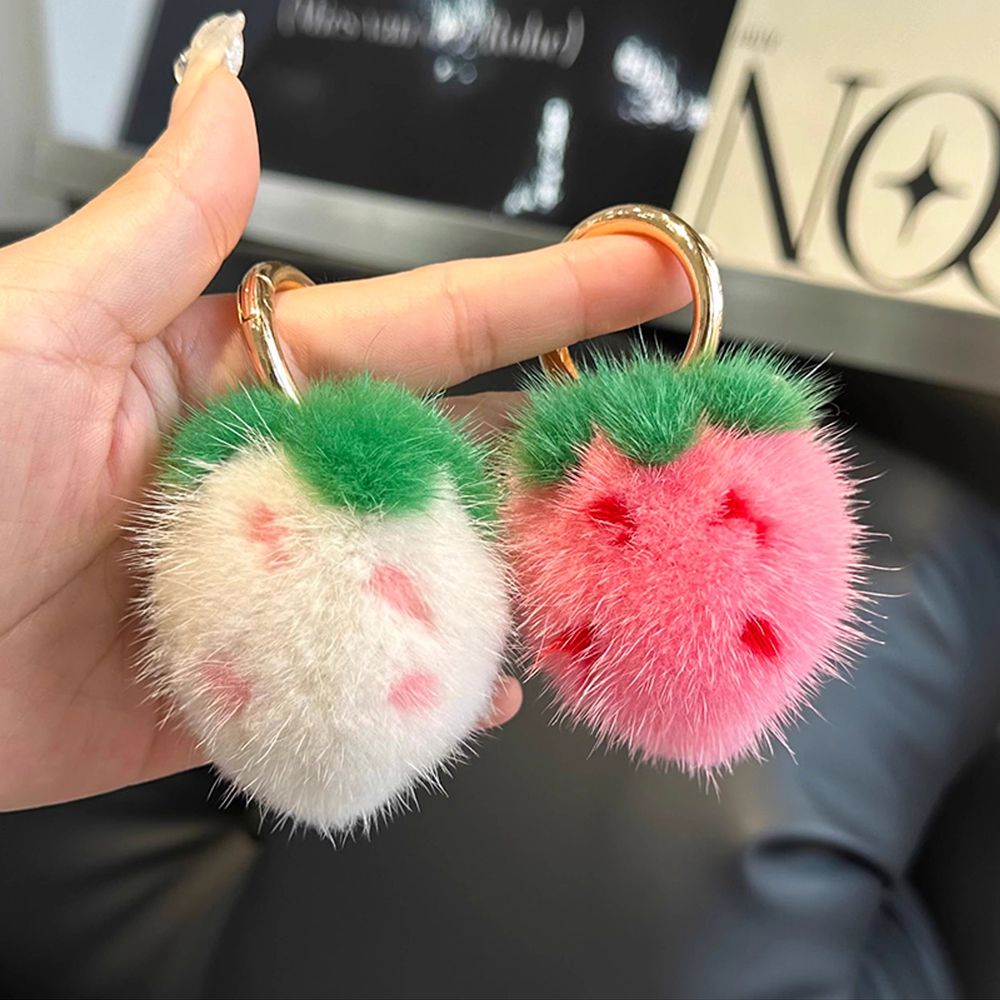 Mini Cute Real Mink Fur Strawberry Keychain Plush Pom-Pom Backpack Charm