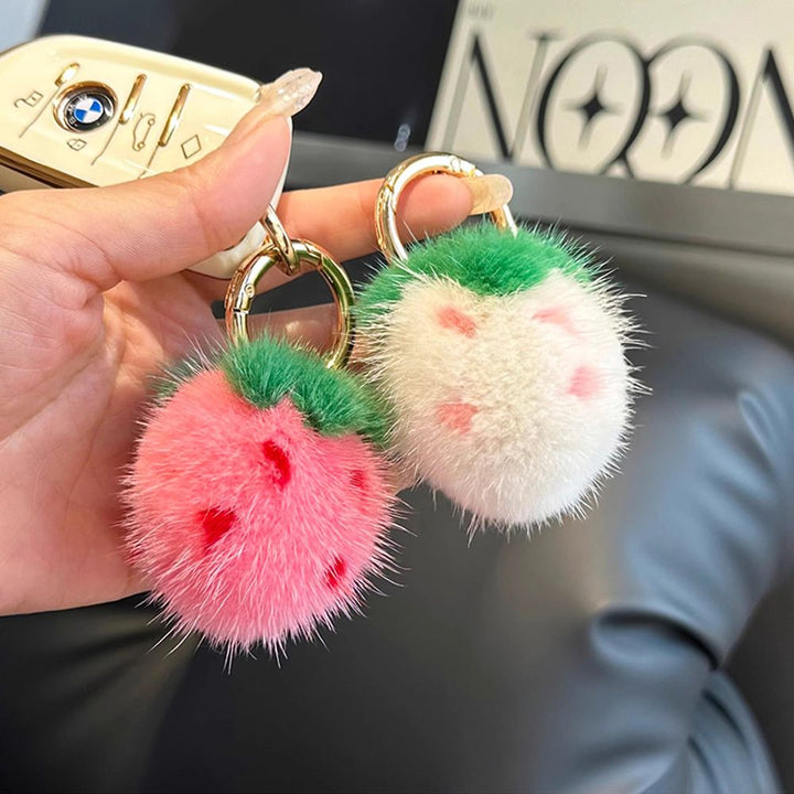 Mini Cute Real Mink Fur Strawberry Keychain Plush Pom-Pom Backpack Charm