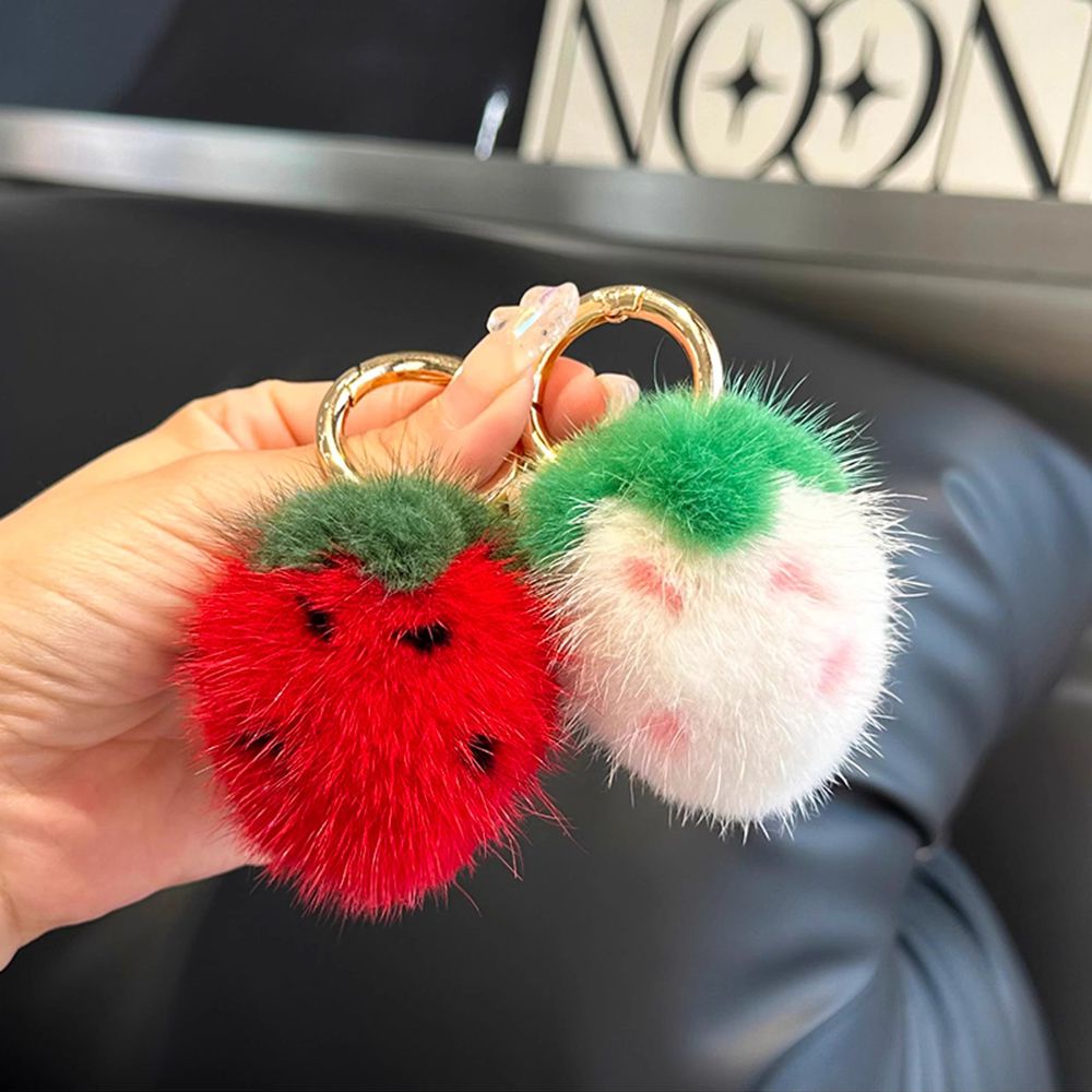 Mini Cute Real Mink Fur Strawberry Keychain Plush Pom-Pom Backpack Charm