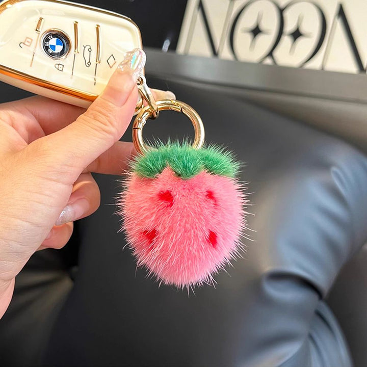 Mini Cute Real Mink Fur Strawberry Keychain Plush Pom-Pom Backpack Charm