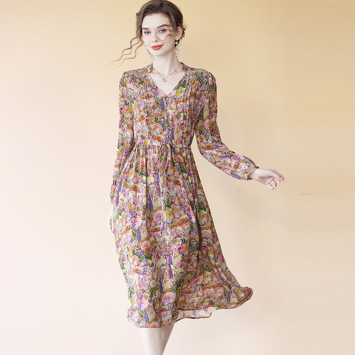 Multi-color Floral Long Sleeve Tie Waist Midi Silk Dress SD091
