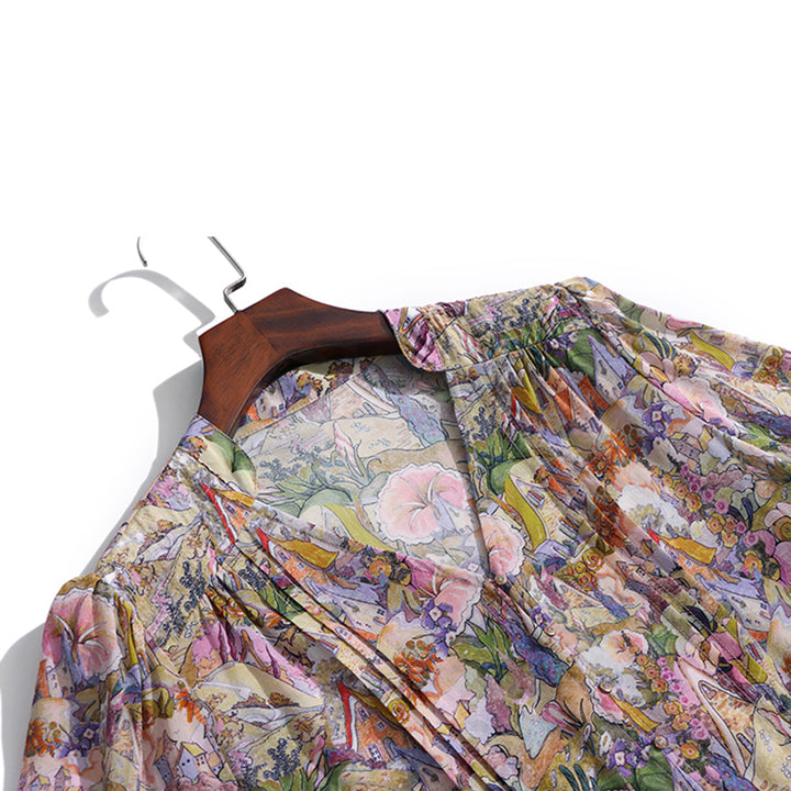 Multi-color Floral Long Sleeve Tie Waist Midi Silk Dress SD091