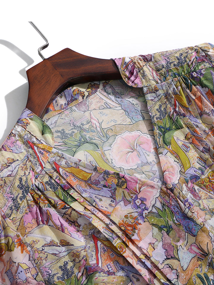 Multi-color Floral Long Sleeve Tie Waist Midi Silk Dress SD091