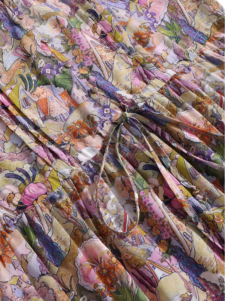 Multi-color Floral Long Sleeve Tie Waist Midi Silk Dress SD091