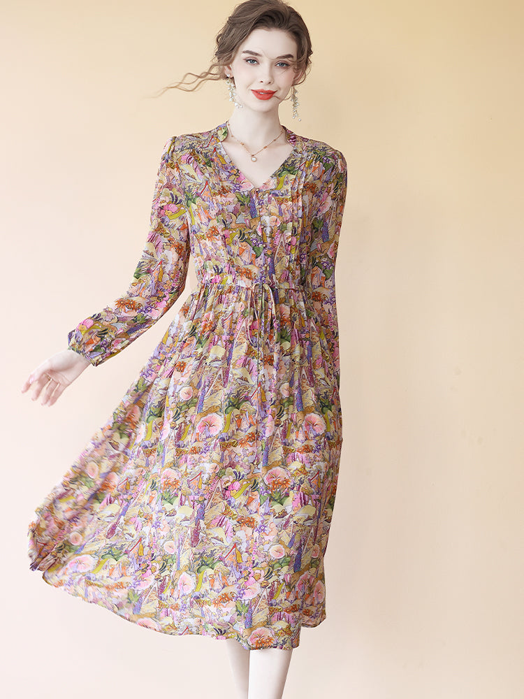Multi-color Floral Long Sleeve Tie Waist Midi Silk Dress SD091