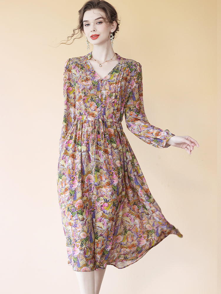 Multi-color Floral Long Sleeve Tie Waist Midi Silk Dress SD091