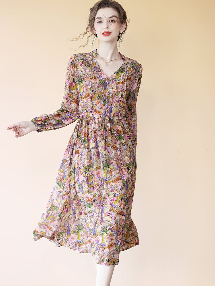 Multi-color Floral Long Sleeve Tie Waist Midi Silk Dress SD091