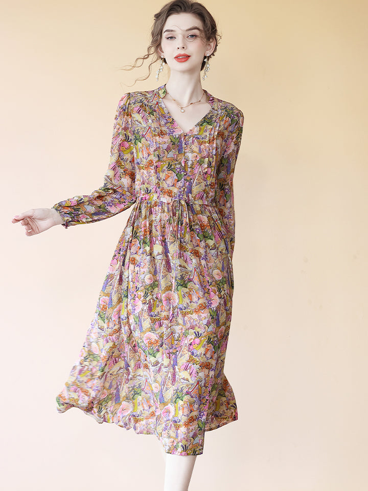 Multi-color Floral Long Sleeve Tie Waist Midi Silk Dress SD091