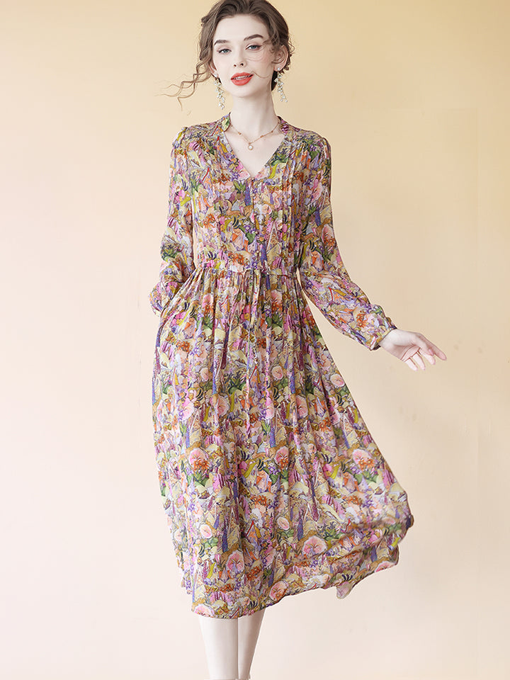 Multi-color Floral Long Sleeve Tie Waist Midi Silk Dress SD091