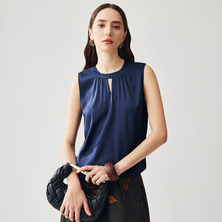 Round Keyhole Neck Sleeveless Mulberry Silk Tank Top for Women