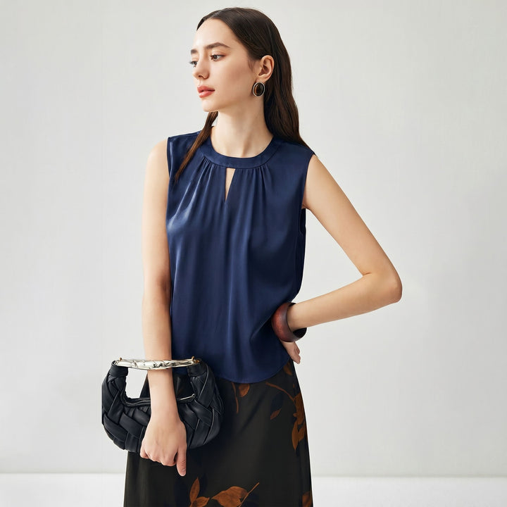 Round Keyhole Neck Sleeveless Mulberry Silk Tank Top for Women