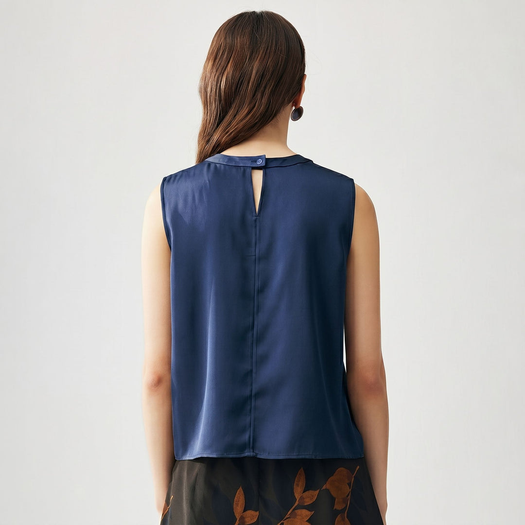 Round Keyhole Neck Sleeveless Mulberry Silk Tank Top for Women