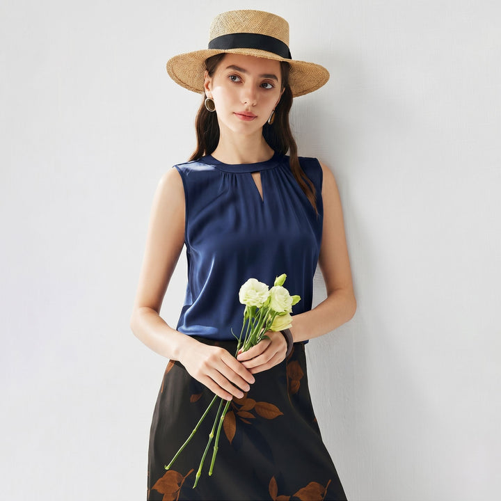 Round Keyhole Neck Sleeveless Mulberry Silk Tank Top for Women
