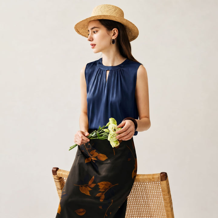 Round Keyhole Neck Sleeveless Mulberry Silk Tank Top for Women