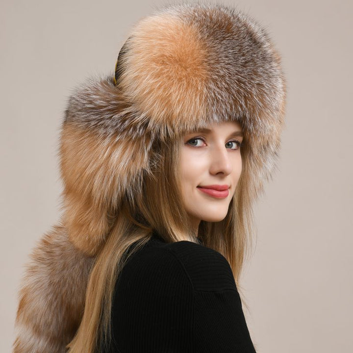 Embroidered Luxury Real Fox Fur Trapper Hat Unisex Ushanka with Detachable Long Tail