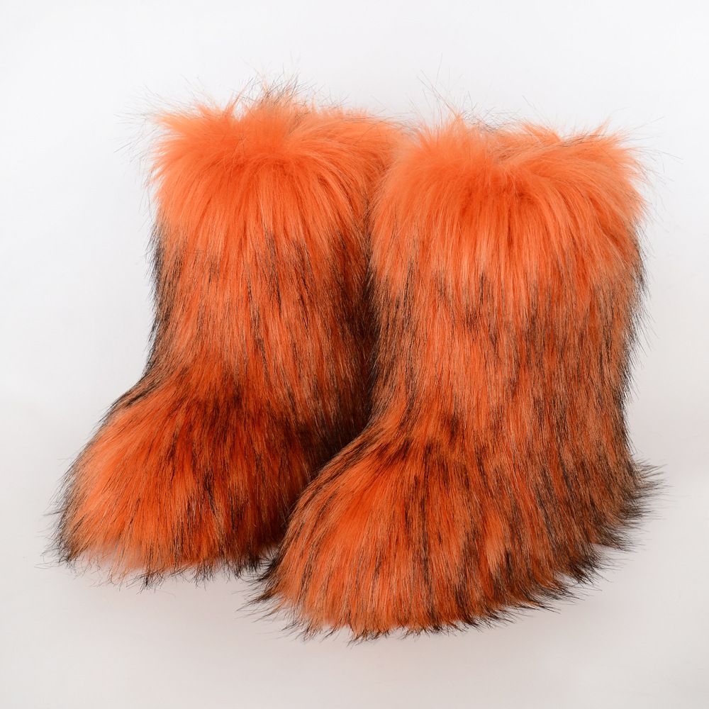 Faux Raccoon Fur Snow Boots for Women Winter Furry Cozy Slip-On Ankle Fur Boots